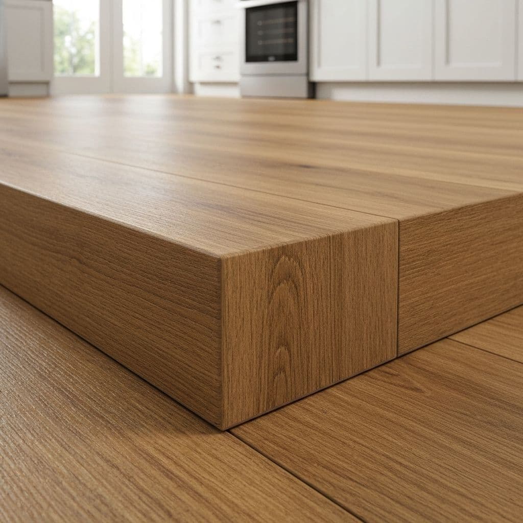 Posa pavimento LVT effetto legno rovere in cucina moderna con isola centrale