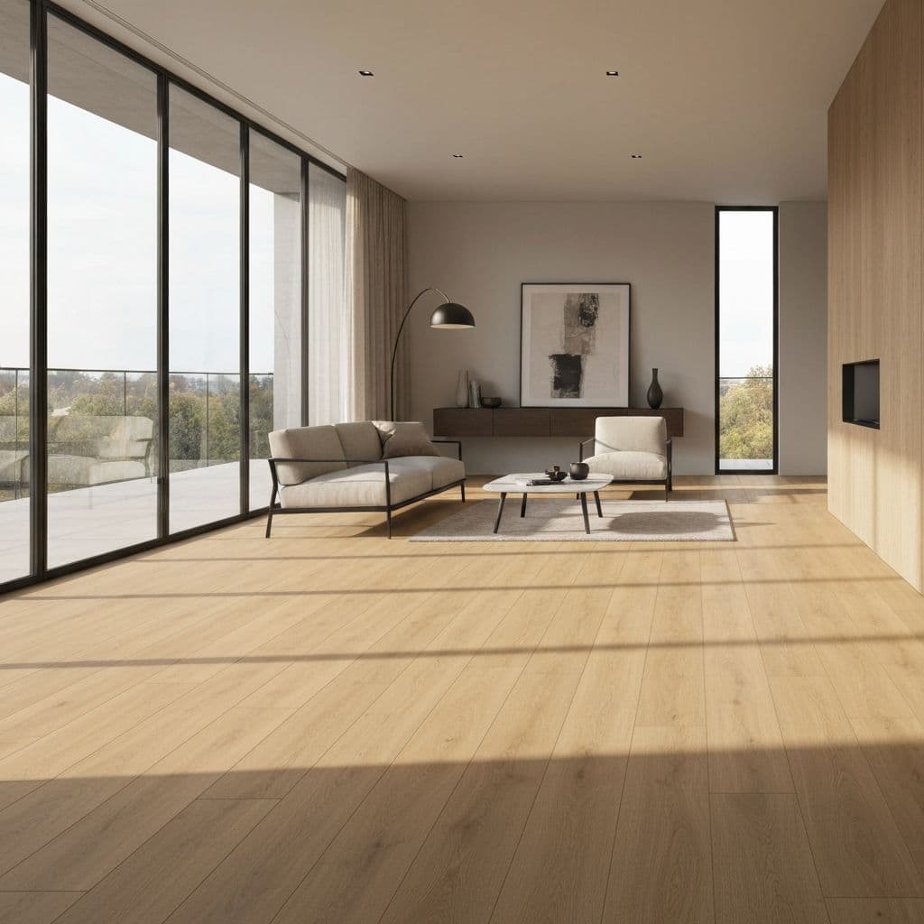 Pavimento vinilico LVT effetto legno rovere installato in soggiorno moderno con luce naturale